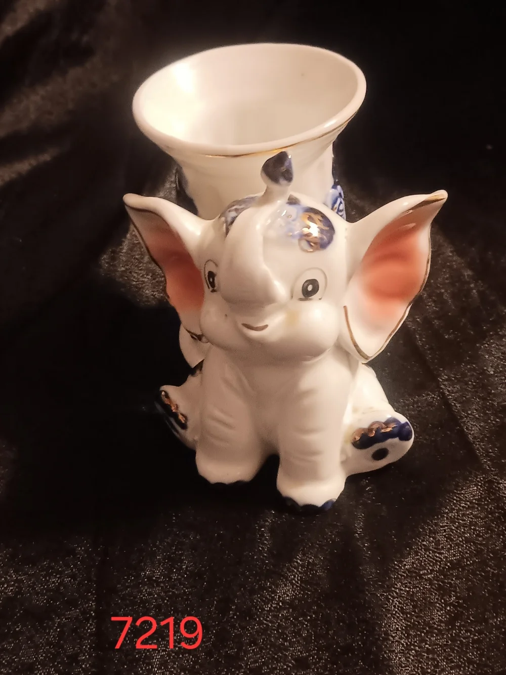 White Ceramic Elephant Planter Blue Floral Accents